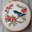 Placeholder: exquisite whimsical birds in embroidery hoop, intricate, highly detailed, linen and wood backdrop