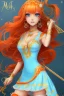 Placeholder: Full body of beautiful girl nami, Hair Color: Orange, Style: Wavy, Outfit Top: Blue, Outfit Bottom: Orange, Shoes: Brown, Accessories: Tangerine, Weapon: Clima-Tact, Hat: Straw, Tattoo: Pinwheel, Earrings: Hoops, sophisticated,, beautiful woman, hyper realistic, hyperrealism, photoreal, realistic, photorealistic, soft pastels, full-body, standing, long shot, wide angle, aesthetic