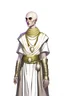 Placeholder: full length, tall 22-year old, shaved head, grey-eyed female human cleric with a beaded necklace wearing scale mail