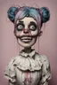 Placeholder: full color, illustration of a dark, menacing, girl Singer Melanie Martinez face, as a decayed, broken, crude homemade cloth doll toy, with a narrow cracked porcelain face, thick dark eyebrows, hair made from ragged strips of cloth, in the style of Alex Pardee, Tim Burton, and Nadya Sheremet