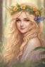 Placeholder: Magical forest fairy; serene face; sweet smile ; attractive image for book front cover; beautiful attractive eyes; beautiful flower crown; golden hair