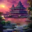 Placeholder: highly detailed indian lake with temple and lotus landscape with jungle, sunset, illustration, cinematic lighting, 4k, 8k, octane render, digital concept art, trending on artstation, pinterest, extremely detailed, ambient lighting.