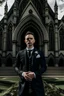 Placeholder: man dressed in church dress clothes bearing his chest in front of a church