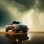 Placeholder: hyperrealistic shot, off-road truck, earth color palette, sharp focus, puddle reflection, tire water splash, refraction, rain and lightning on the horizon, shadowcast, detailed and intricate, cinematic composition, micro, tilt shift photography