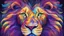 Placeholder: A mesmerizing abstract portrait of a lion face, where her eyes, nose, and lips are vividly depicted in a kaleidoscope of colors. The eyes sparkle like a night sky filled with fireflies, while the nose and lips showcase a vibrant dance of purples, blues, reds, greens, and yellows. The silhouette of the face houses a dreamlike landscape of a forest, evoking a sense of ethereal wonder. The background is a swirl of dark and intense hues, reflecting a chaotic and dynamic environment. The overall m