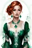 Placeholder: watercolor dark beautiful young woman with tattoos in a dark green dress with white lace with a emeralds ring in a green dress, sleeve with white lace, ginger hair, well-drawn eyes, five fingers on the hand, white background, Trending on Artstation, {creative commons}, fanart, AIart, {Woolitize}, by Charlie Bowater, Illustration, Color Grading, Filmic, Nikon D750, Brenizer Method, Side-View, Perspective, Depth of Field, Field of View, F/2.8, Lens Flare, Tonal Colors, 8K, Full-HD, ProPhoto RGB,