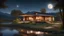 Placeholder: beautiful house, perfect architecture, style Frank Lloyd-Wright, rural environment, night, moon, stars, volumetric lighting, trees, river, distant mountains, award-winning photograph, photorealism, superb details, light and shade, beautiful composition, arts-and-crafts, attractive, peaceful, exquisite