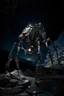 Placeholder: eight legged mechanical walker scaling a very steep rocky side of mout everest at night, it has a smooth surface, it has storage pods on its belly human can fit in the pods