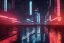 Placeholder: 3D, beautiful, light reflecting, empty future city at night, rainy night, neon, cyberpunk, tron, robot walking, 8k, finely detailed, photo realistic