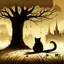 Placeholder: a painting of a cat sitting in front of a tree, a storybook illustration by Gediminas Pranckevicius, featured on deviantart, gothic art, ominous vibe, storybook illustration, dark and mysterious