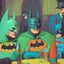 Placeholder: A 1980 comic of a dark universe masonic sad drunk batman cosplay convention, green batman, orange batman, cyan batman, white batman.