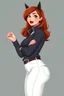 Placeholder: In a realistic, non-anime, cartoon style like: body shot of 40-year old chubby redhead with thick red lips and smoky eyes with long lashes who looks a lot like Jewel DeNyle. She is wearing equestrian attire with tight white pants.