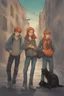 Placeholder: Act like a book cover designer. Use graffiti style. Three teenagers (13-15 years old) - two boys brothers with ginger hair and frickles with a brown-haired girl and with a grimy black cat. Environment: old town.