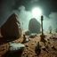 Placeholder: A striking quality close-up Kodak photograph captures a wasteland with odd stones, odd spindle-shaped objects, spooky, creepy, details of the dust very accentuated, glossy, organic, adorned with minerals and rocks, fog. Bathed in feeble light, eerie, Max Ernst style, black sun, fog, volumetric light, ZBrush