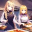 Placeholder: girl, masterpiece, best quality, volumetric lighting, detailed outfit, perfect eyes, golden hair, long hair, purple eyes, braided ponytail, smile, cooking, food, hairclip,