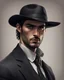 Placeholder: Man He wears Italian gangster clothes He is tall, , has a beautiful face, has brown eyes, and wears a black hat