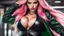 Placeholder: super pretty woman, nice body, big bubs, great green eyes, pink long haired, black leather costume, hood, rude mode, coquete, flying, front angle view,