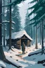 Placeholder: He went into a forest where snow fell, in front of a hut