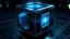 Placeholder: Cube tesseract from movie Loki. Located strictly in the middle of picture with space around it and with navy blue glow inside tesseract. Will be used for 404 error page.