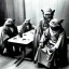 Placeholder: Creepy old photo of star wars Yoda and ewok type people sitting at dinner with scared children