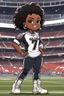 Placeholder: A sassy thick-lined comic book art cartoon image of a black chibi girl standing in front of a football stadium. She is wearing a Georgia Bulldogs football jersey with tight white jeans and timberland boots. behind her curvy body. Looking up coyly, she grins widely, showing sharp teeth. Her poofy hair forms a mane framing her confident, regal expression. Prominent makeup with hazel eyes. Hair is highly detailed.