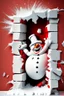 Placeholder: 3d Christmas snowman, smashing out through a wall, plaster texture, white and red, 3d background