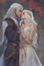 Placeholder: A couple from the dnd game curse of Strahd kissing. She has white hair he has long black hair. Romantic, sweet, loving, possessive, protective, kiss