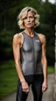 Placeholder: photography of a beautiful anorexic woman, grey satin triathlon top, sports illustrated, blond short wavy bob haircut, pronounced sternum, flat chest, anthracite cycling leggins