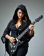 Placeholder: beautiful busty woman(wearing a wrinkled dark hoodie with wide sleeves trimmed with lace) playing a black electric guitar at high angle