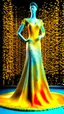 Placeholder: A mannequin wearing a dress, Philippines national custome dress inspired by jasmine flower, sampaguita, Philippines national flower, jasmine flower dress, jasmine flower, white jasmine flower, dress displayed on mannequin, beautiful, very beautiful dress, fantasy dress, magical dress, elegant, full body, full body frame, ultra realistic, aesthetic, yellow and white pastel color, sequins, bedding, made of crystal, sexy, magical, fantasy, ethereal, sparkly, glowing, glittery dress, artistic style