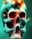 Placeholder: broken realistic skull. black background. smoke and explode. particles in air. teal and orange. watercolor and ink. abstract. beksinski.