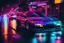 Placeholder: Vaporwave neon psychedelic color photo of a Mitsubishi 3000GT driving through a rainy Japanese street at nighttime with colorful lights, prisms, and reflections
