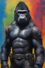 Placeholder: general Aldo the extremely muscular, black gorilla military leader from Planet of the Apes wearing a clean, black leather military uniform, and a black helmet - extremely colorful, multicolored paint splattered wall in the background, oil painting by Leonardo da Vinci