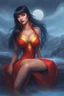 Placeholder: 3D Bubbles, 3D Hearts, fog, clouds, somber, ghostly mountain peaks, a flowing river of electric water, fireflies, a close-up, facial portrait of a totally gorgeous Vampirella, with Long Black hair, cobalt blue eyes, smiling a big bright happy smile, wearing a red sling suit with a gold/yellow bat emblem on the lower stomach area, and black boots, professional quality digital photograph, the funeral of the dead