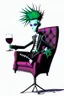 Placeholder: 2d drawing of a stickman, cool with punk hair, sitting on lazy boy chair , smart suit, wine in hand,3d realistic in colour