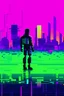 Placeholder: A glitched-out character in a pixelated landscape, flat design, modern, 4k, epic composition, flat vector art illustration, neon green and purple, long shot --no text, fonts, letters, words, watermark, gradient