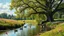 Placeholder: a beautiful river in country side and big tree,wild flowers and ducks and in river few pretty deers,butterflies around flowers,heaven escape