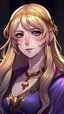 Placeholder: Realistic brutalist anime art style. Lyari is the Vicereine of Auris. She has long and light blonde hair on a pigtail style. Bright purple eyes. Tall and confident posture, with an evil grin. A jaw-dropping monarchical beautiful princess.