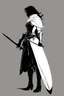 Placeholder: La silhouette d'une femme paladin vêtue d'une tunique en lin, elle s'appuie sur sa longue épée avec ses gants en cuir, elles est de profile, le visage caché par ses cheuveux, elle porte des bottes en fourrure qui montent sur ses mollets.