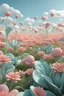 Placeholder: A close-up of a big pink flower field and some other plants, in the style of rendered in Cinema4D. Light sky-blue and light green, soft and rounded forms, spherical sculptures, light white and light orange, hyperrealist illustrations, playful, dreamlike imagery. --ar 71:128 --v 6