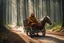 Placeholder: hooded monk driving horse and 2 wheel cart in the forest