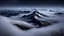 Placeholder: looking down from space at a misty mountain coming through the mist and surrounded by the mist at night starry sky