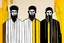 Placeholder: (three:2) determined ancient male Jews (wearing Jewish jewelry:2), acrylic painting, minimal art, centered, wild sparse brushstrokes, amazing verticals, great parallels, low bleak colors of gold, beige and black, excellent negative space contrasts