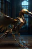 Placeholder: A full length cyber hornbill bird mixed with a rusted robot, wing, carrying full a weapon,8k ultra detail, baroque painting by AI