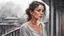 Placeholder: Draw a portrait of a beautiful woman on the balcony, rain