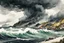 Placeholder: an abstract ink wash and watercolor illustration of a storm tossed, highly detailed coastal fishing village in the Lofoten Islands , with ominous thunderheads and pounding surf , finely drawn and inked, 4k, hyper detailed and vibrantly colored