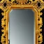 Placeholder: A 4K photo of A long ornate gold mirror. The mirror is fractured and broken into 100 symmetrical pieces