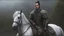 Placeholder: A 40 year old mercenary in a battle jacket and travelers cloth. He is riding a dark gray horse. He is tall, slim, has a sharply cut face. black hair, short ponytail on the top of his head. Perfect eyes. Perfect hands. Perfect feets. Glows. fantasy setting. A river ford in a wood. . Hyperrealistic, splash art, concept art, mid shot, intricately detailed, color depth, dramatic, 2/3 face angle, side light, colorful background. Style of Frank Frazetta