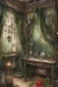 Placeholder: english watercolor, witch's boudoir, mirror, curtains, cobweb, filigree, dried flowers, textiles, candle, magical lighting effect, fairy tale illustration, fine drawing of details with colored pencils, grunge, high resolution, high detail, dark fantasy, dark botanical, beautiful, ISO 100, pixel graphics, hdr, emerald colors, beige, red, deep blue, umbra, grey, dusty rose, gold