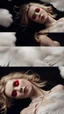 Placeholder: A blonde girl in her twenties, with white wings, and a red bandage over her eyes. She sleeps on a luxurious black carpet. Cinematic photo from above.